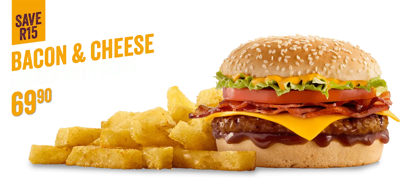The Bacon & Cheese Burger with chips on a grey surface with a purple background. 